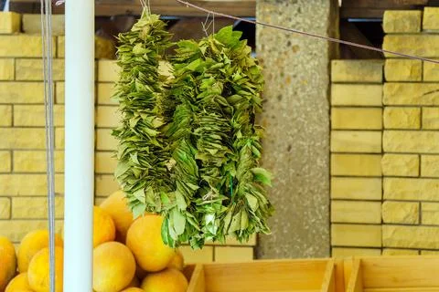 Bay leaf threaded and hung for sale Stock Photos