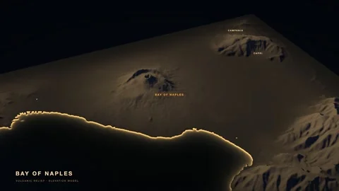 Bay of Naples 3D terrain relief map at night Stock Footage 344566848