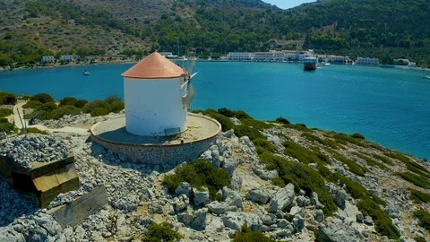 Bay of Symi, panormitis monastery, panoramic the view from the drone. Europe Stock Footage 119310309