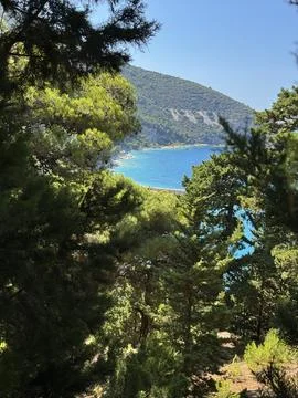 Bay view through cypress trees on Sazan Island Albania - Mediterranean coast Stock Photos
