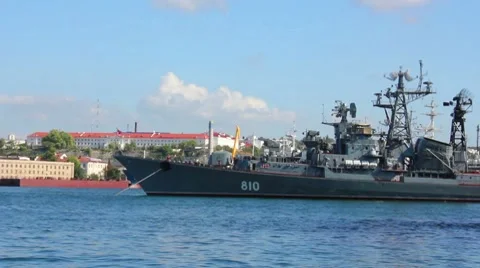 Bay with warship Stock Footage 8525425