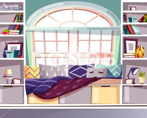 Bay window seat at home library vector interior Stock Illustration