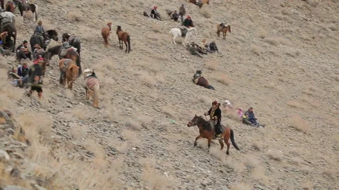 Bayan-Ulgiy, Mongolia - November 5, 2014: Festival golden eagle hunting. Rider o Stock Footage 199486451