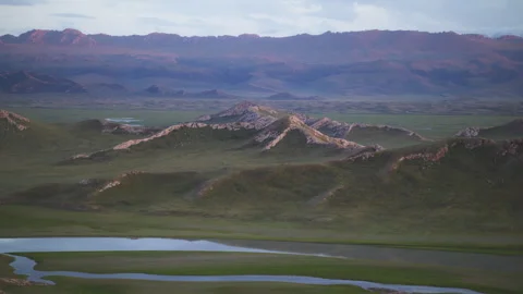 Bayanbulak Mountain Range and Kaidu River at Blue Hour Dusk Stock Footage 343064494