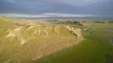 Bayanbulak Nine Bends Mountain Top Observation Deck at Golden Sunset Stock Footage 343067922