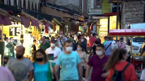 Bazaar Crowded Pandemic, crowd shopping with surgical masks Stock Footage 147332612