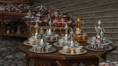 Bazaar Turkish coffee sets, Souvenir shopping scene, Close Up Stock Footage 233902833