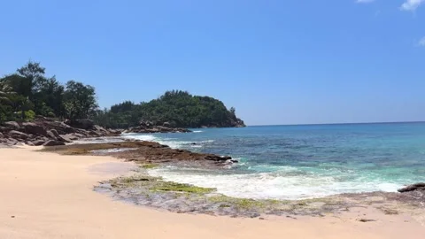 Bazarka beach, white sandy beach and granite stones, breaking waves Stock Footage 330854711