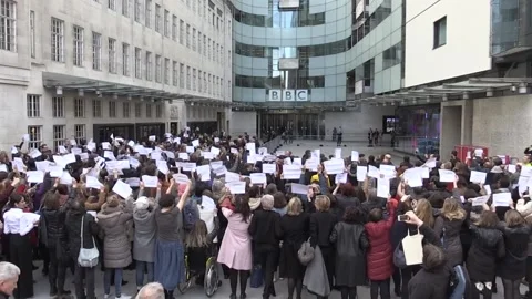 BBC employees protest the gender pay gap on International Womens Day Stock Footage 148661966