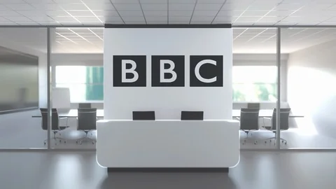 BBC logo above reception desk in the modern office, editorial conceptual 3D Stock Footage 119186097
