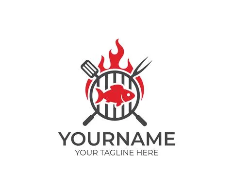 BBQ and fish with fire logo design Stock Illustration
