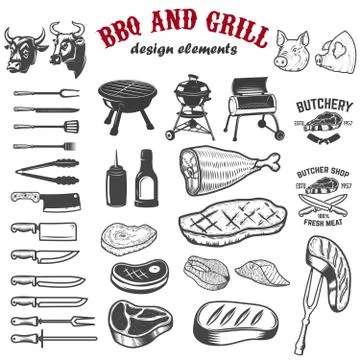 BBQ and grill design elements for logo, label, emblem, sign. Vec Stock Illustration