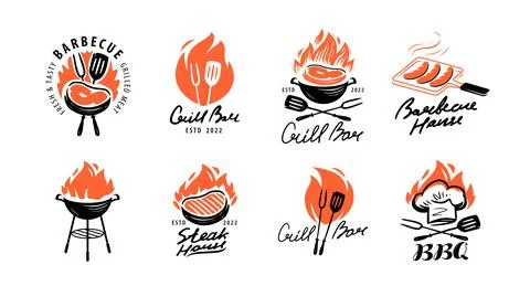 BBQ and grill emblem set. Barbecue labels, badges and design elements for Stock Illustration