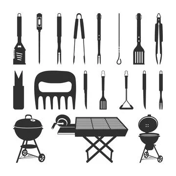 BBQ and grill icon set silhouette, Barbecue Fork Grill Tools Elements Collection Stock Illustration