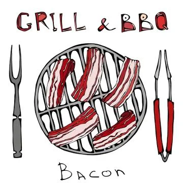BBQ and Grill Logo. Bacon on a Barbeque Grill. Roasted Pork Slises. With Fork Stock Illustration