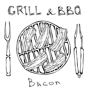 BBQ and Grill Logo. Bacon on a Barbeque Grill. Roasted Pork Slises. With Fork Stock Illustration