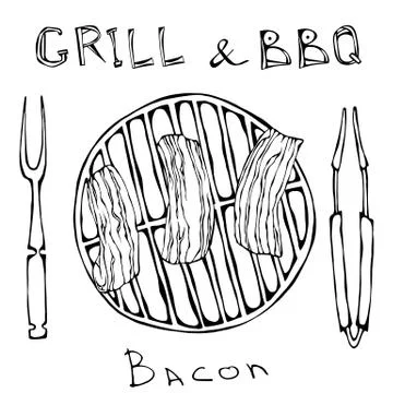 BBQ and Grill Logo. Fried Bacon on a Barbeque Grill. Roasted Pork Slises. Wit Stock Illustration