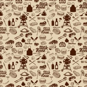 BBQ and Grill seamless pattern. Grilled meat, kitchen tools. Des Stock Illustration