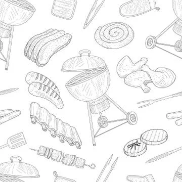 Bbq and Grill Seamless Pattern with Hand Drawn Food all Around Stock Illustration