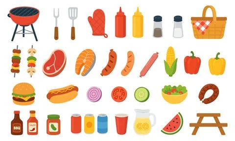 BBQ and picnic elements big set. Backyard summer barbecue party flat vector.. 스톡 일러스트