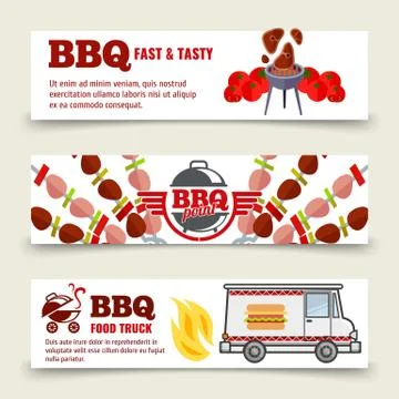 BBQ and steak horizontal banners template. Meat, barbecue and a food truck on a Stock Illustration