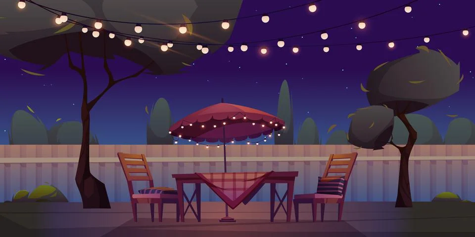 BBQ area at night backyard with table and garland Stock Illustration