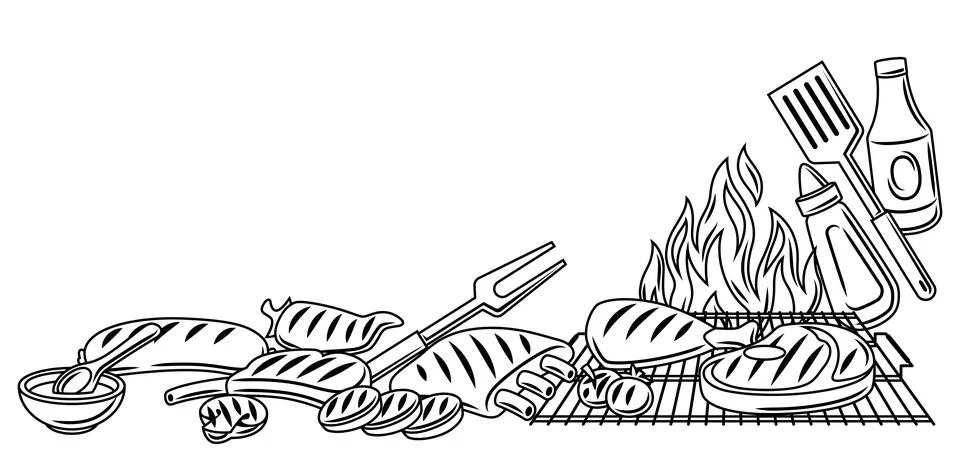 Bbq background with grill objects and icons. Stylized kitchen and restaurant Stock Illustration