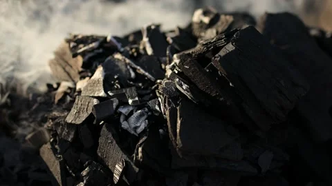 BBQ coals. Burning texture of steaming organic charcoal in a barbecue grill. Stock Footage 167922985