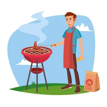BBQ Cooking Vector. Classic American Smiling Man Barbecuing. Isolated On White Stock Illustration