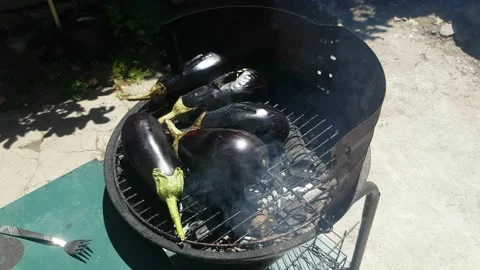 Bbq eggplant on a grill with charcoal Vídeo Stock 136535385