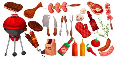 BBQ elements, grill equipment. Barbeque cooking, meat food skewer for steak.. Stockillustratie