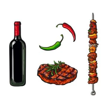 BBQ elements - wine bottle, steak, meat of stick Illustrazione stock