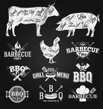 BBQ Emblems and Logos chalk drawing Stock Illustration