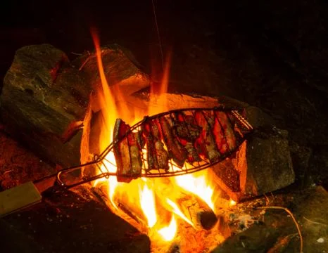 Bbq fire roasting at night Stock Photos
