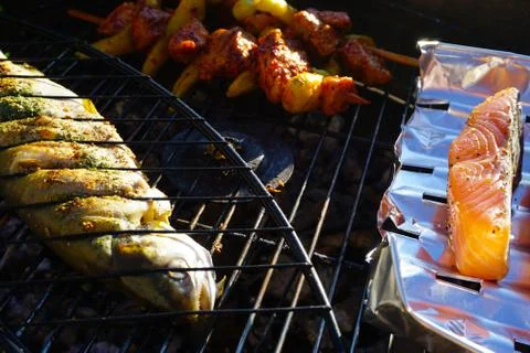 BBQ :Fish on the grill Stock Photos