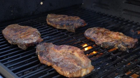 BBQ Four Pork Chops on Barbeque Grill, Well Done Stock-Footage 90291073