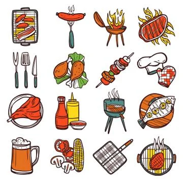 Bbq Grill Colored Icons Set Stockillustratie