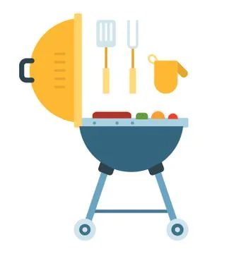 Bbq grill with fork, spatula and mitten vector icon flat isolated Stock Illustration