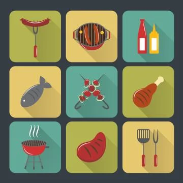 Bbq grill icons flat set Illustrazione stock