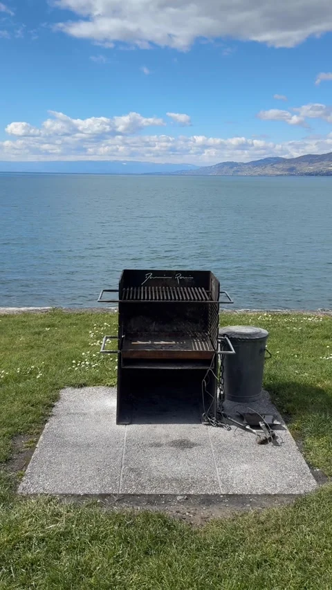BBQ grill by lake with mountain view vertical Stockbeeldmateriaal 331944868
