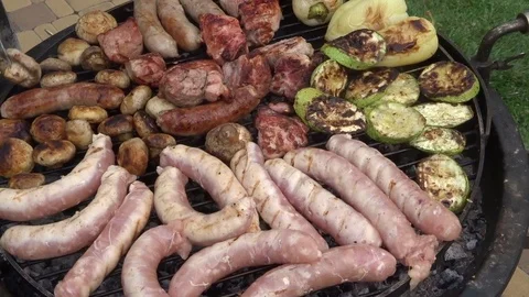 BBQ grill meat and vegetables on grillplace - bbq Stock Footage 109050464