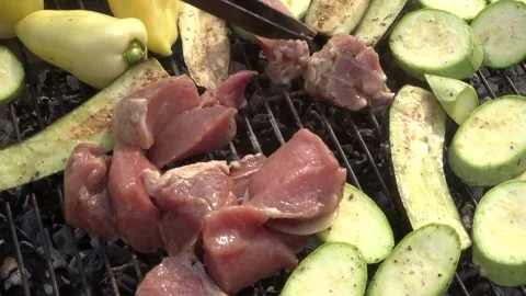 BBQ grill meat and vegetables on grillplace - bbq Stock Footage 109330140