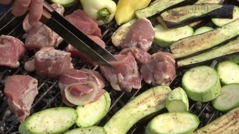 BBQ grill meat and vegetables on grillplace - bbq Stock Footage 109330210