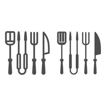 BBQ Grill Set line and solid icon, BBQ concept, Roasting grill tools sign on 库存插图