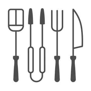 BBQ Grill Set thin line icon, BBQ concept, Roasting grill tools sign on white Stock Illustration