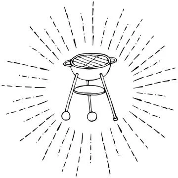 BBQ Grill in Sun Rays for Summer Barbecue Menu. Isolated On a White Background Stock Illustration