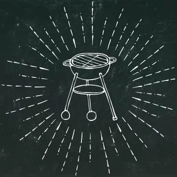 BBQ Grill in Sun Rays for Summer Barbecue Menu. Isolated on a Black Chalkboard Stock Illustration