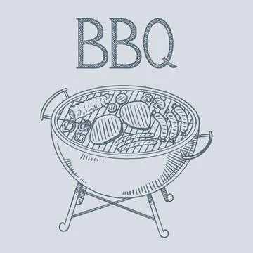 BBQ Grill Vector Illustration with Hand Drawn Charcoal Kettle Grill and Text Stock Illustration
