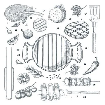 BBQ grill vector sketch illustration. Top view objects set, isolated on white Stock Illustration