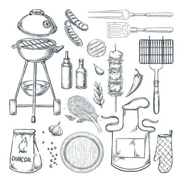 BBQ grill vector sketch illustration. Top view objects set, isolated on white Illustrazione stock